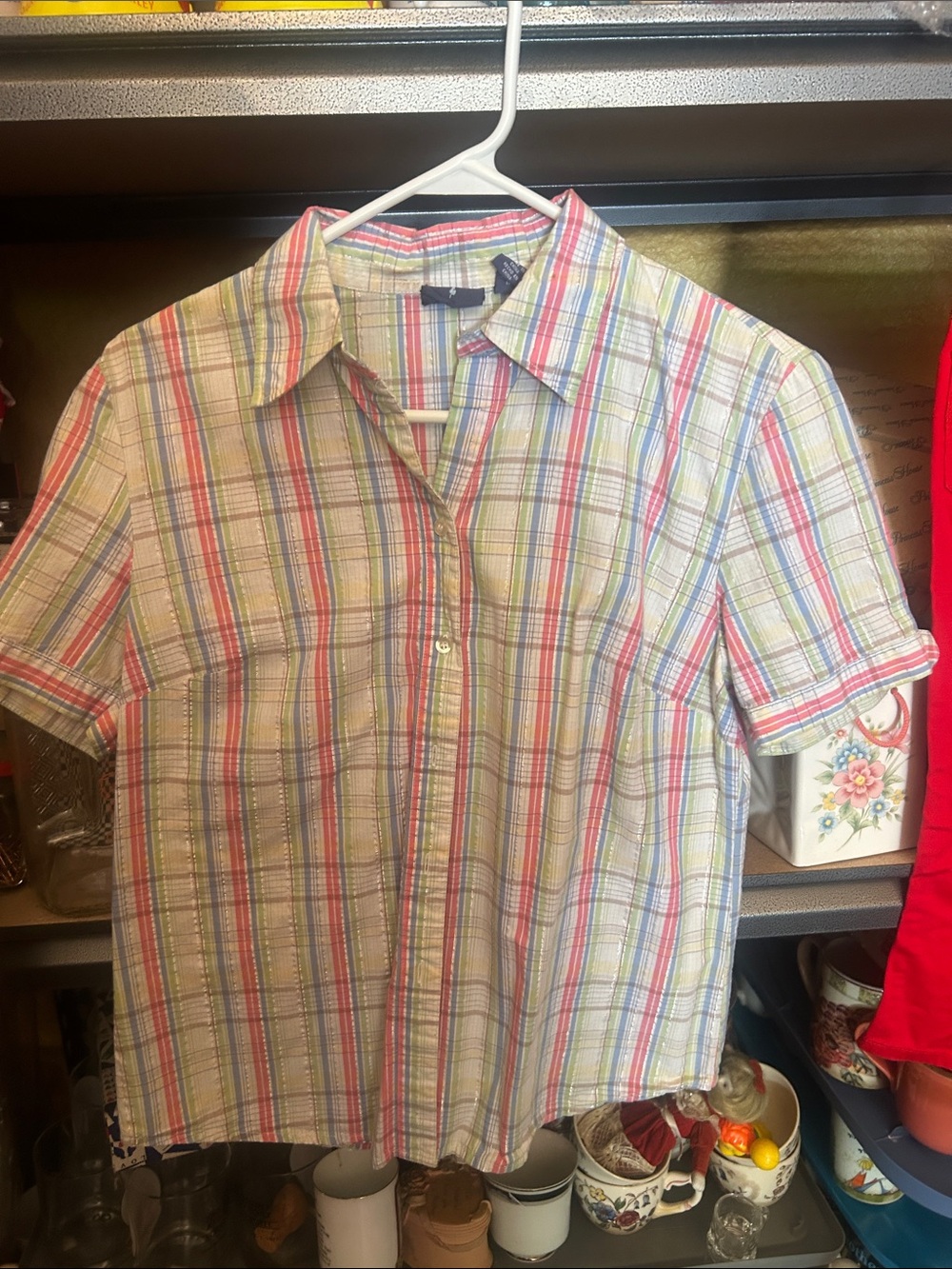 Vintage Mountain Lake Plaid Button-Down Shirt shimmery threads small